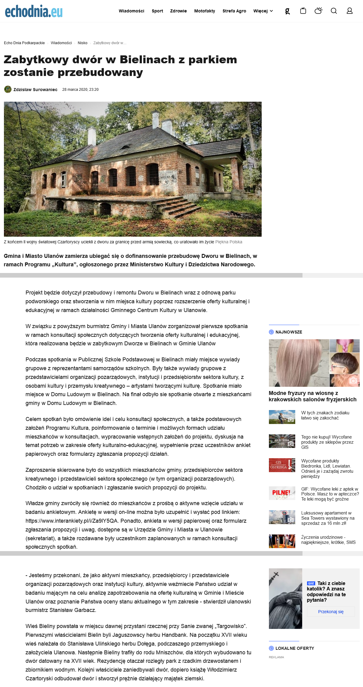 Echo Dnia Podkarpackie: Zabytkowy dwór w Bielinach z parkiem zostanie przebudowany