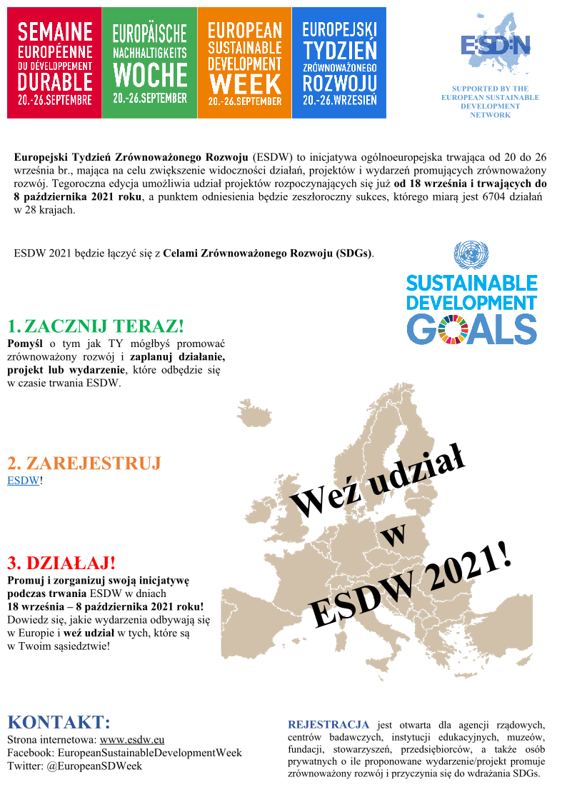 Plakat promujący Europejski Tydzień Zrównoważonego Rozwoju, z linkiem do strony projektu