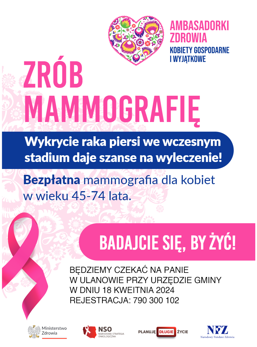 Bezpłatna mammografia dla kobiet w wieku 45-74 lata 18 kwietnia w Ulanowie przy Urzędzie Gminy, rejestracja na nr tel. 790 300 102