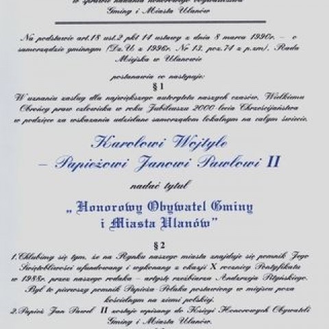 Powiększ obraz: Uchwała nadania Papieżowi Janowi Pawłowi II obywatelstwa honorowego Ulanowa 
